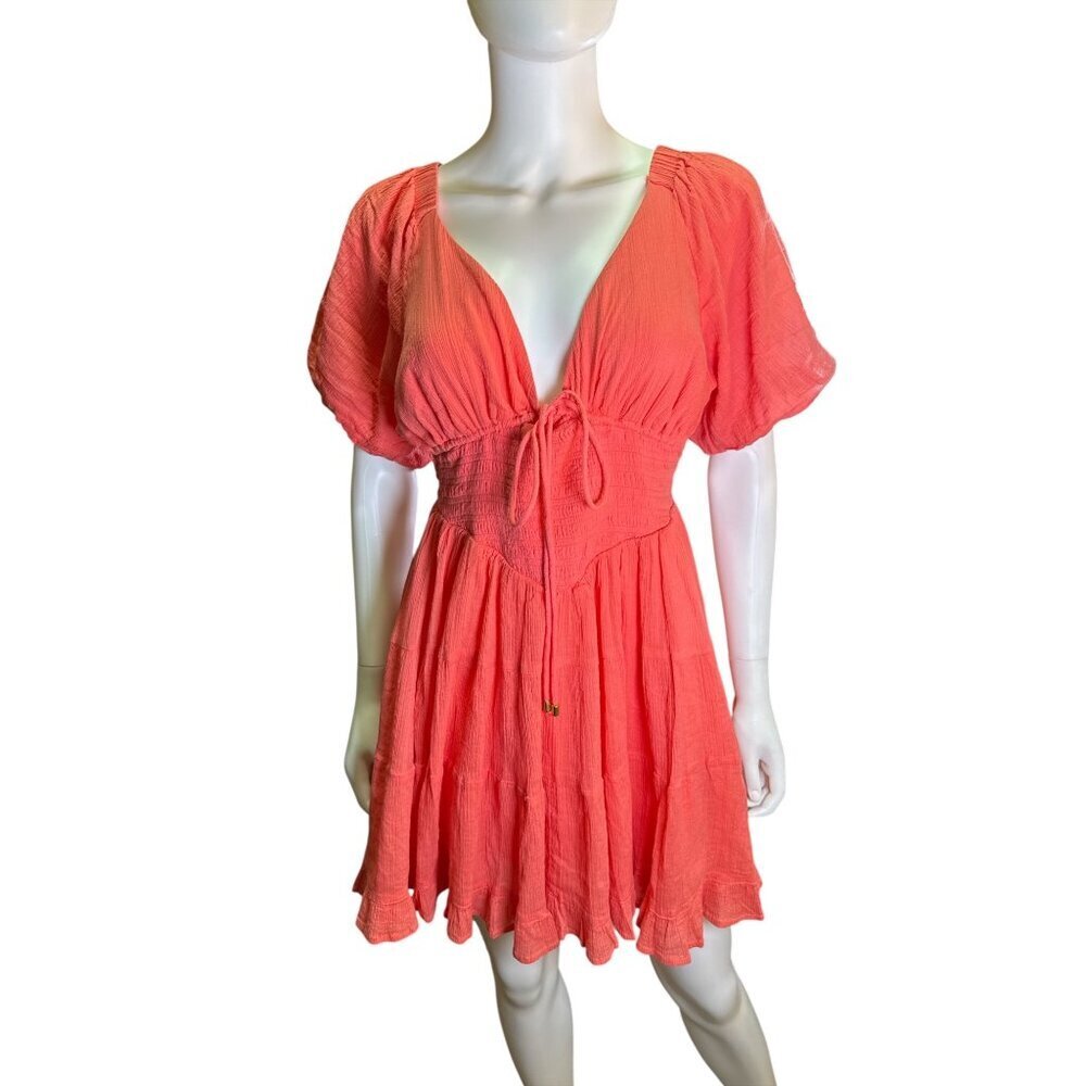 Free People Womens  Smocked Mini Dress Open Back Puff Sleeves Coral Small NWT